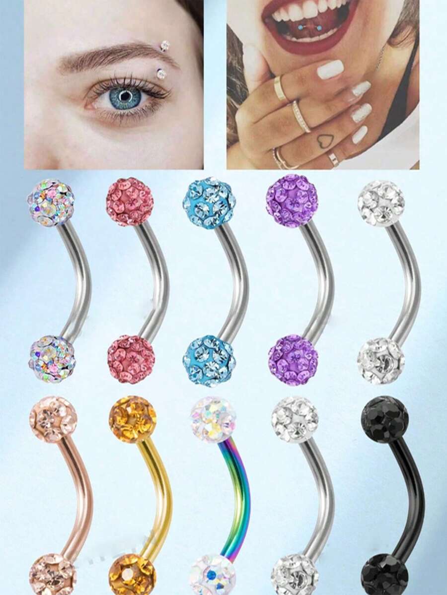 1/5pcs Full Rhinestone Ball Eyebrow Ring, Stainless Steel Round Ball Multi-Color Eyebrow Stud, Unisex Eyebrow Jewelry - Diamond Ball Model - View 1