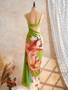 2 piezas Conjunto de bikini para mujer, bikini con decoración de flor de metal y tirantes ajustables, vestido de playa bohemio con estampado de malla floral, conjunto de 3 piezas de traje de baño, adecuado para playa, vacaciones y fiesta de piscina en verano negro - Verde - Ver 6