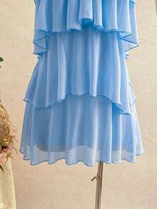 Nuevo vestido elegante y romántico para invitados de boda, de unicolor, con espalda descubierta, multicapa con volantes de gasa, minivestido, adecuado para estilo bohemio, boho, flores románticas, vacaciones, fiestas florales, citas, San Valentín, - Celeste - Ver 6