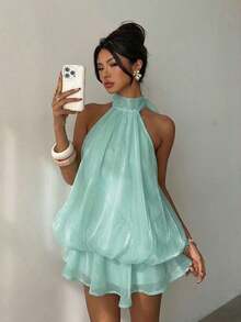 Elegant Women's Mini Dress With Halter Neck And Bow In Light Yellow - Mint Green - View 5