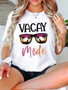 Camiseta de manga corta para mujer con estampado "Vacation Mode", camiseta de verano para mujer, casual, a la moda, deportiva, cómoda y suave, para uso diario, al aire libre, en casa, transpirable, con cuello redondo. - Blanco - Ver 2