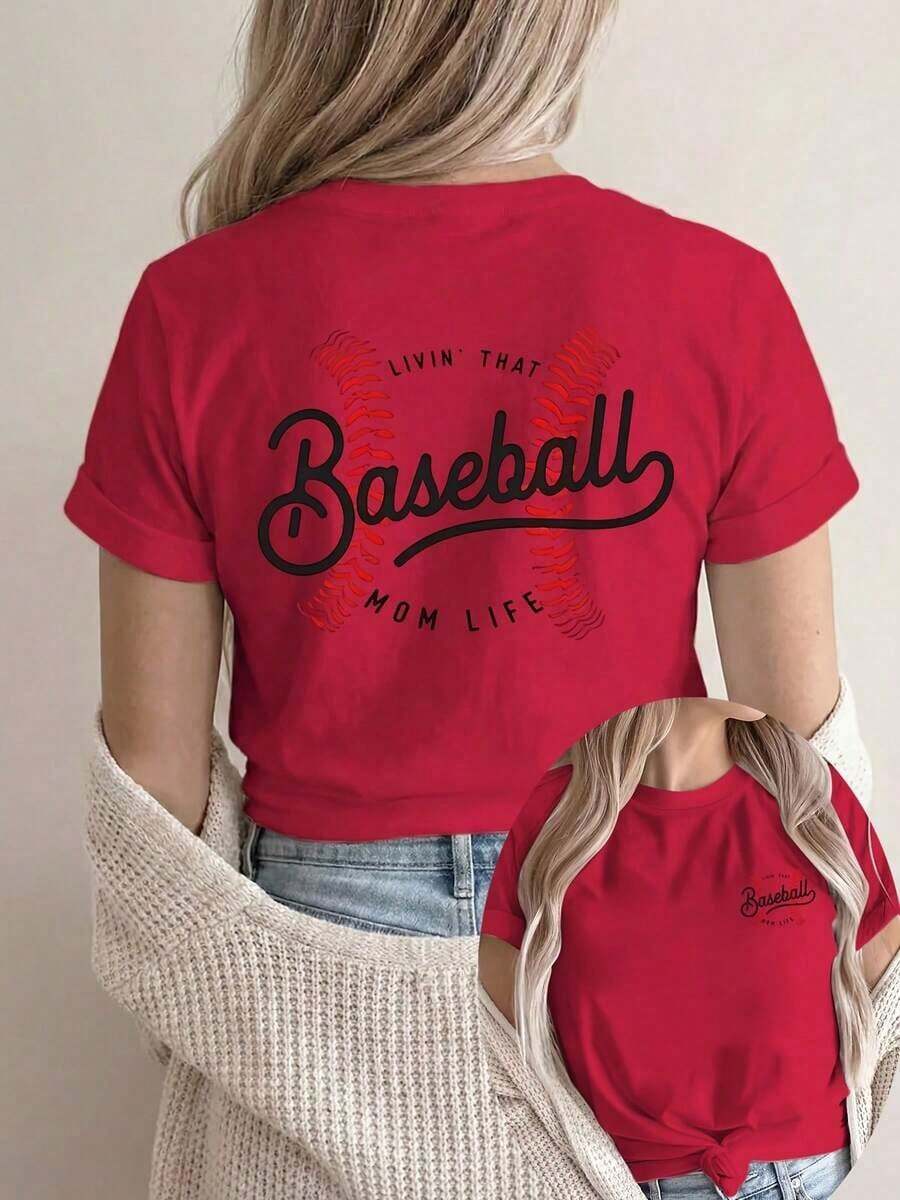 Camiseta Casual de Manga Corta para Mujer, Ideal para Vacaciones de Verano [Doble Cara]ImprimirMujeresCamisetaManga cortaCuello RedondoInformalSuperior,ConBéisbolCosturaYElTexto"LIVIN"EsoMAMÁVIDA"Patrón,MáquinaLavableAdecuadoParaInformalDesgaste,MultiusosRopaA la modaCamisetaCómodoMaterial,ParaEstiloEntusiastas - Rojo - Ver 1