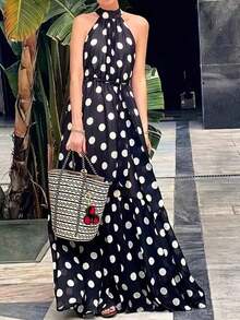 Vestido de verano negro casual y elegante con estampado de lunares, lazo en la cintura, volantes en el bajo y cuello halter para mujer en vacaciones - Negro - Ver 4