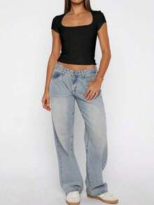Blusa ajustada y sexy de punto para mujer , camiseta casual de cuello cuadrado de unicolor, primavera/verano - Negro - Ver 6