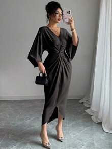 xheElenzga Vestido de manga de murciélago de punto elástico elegante con diseño de giro de cuello en V de longitud media para mujeresxhe - Negro - Ver 6