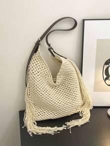 Vintage Hollow Tassel Woven Shoulder Bag, Adjustable Strap, Minimalist Elegant Commuting Tote Bag, Lightweight - White - View 2
