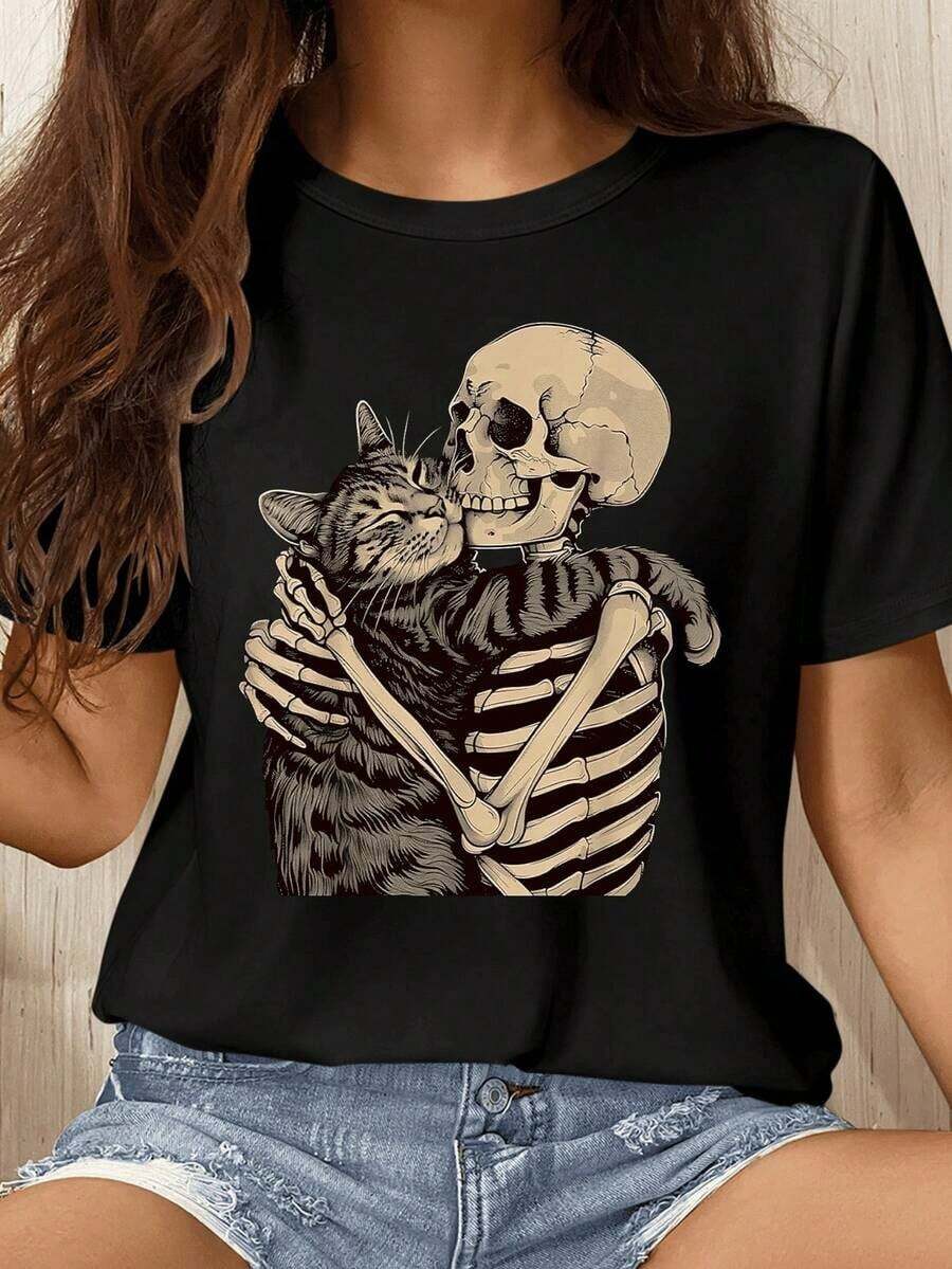 Camiseta de manga corta casual, cómoda y versátil para mujer con estampado de calavera y gato, adecuada para el hogar y el exterior 1 Sexy Casual Fiesta Dulce Elegante Alta elasticidad Playa Noche de fiesta Vacaciones Boda Deportivo Calle Sesión de fotos Formal y de noche Luna de bebe verano HalloweenPure-Cotton