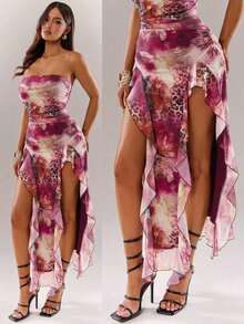 YHHSHEIN  Vestido ajustado con volantes y abertura con estampado de leopardo sexy y elegante para mujer, apto para uso diario, reuniones, citas, fiestas, vacaciones en isla, playaYHH - Multicolor 2 - Ver 4