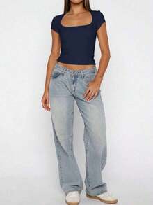 y sexy de punto para mujer Vaiaye, camiseta casual de cuello cuadrado de unicolor, blanco para primavera/verano - Azul marino 2 - Ver 8