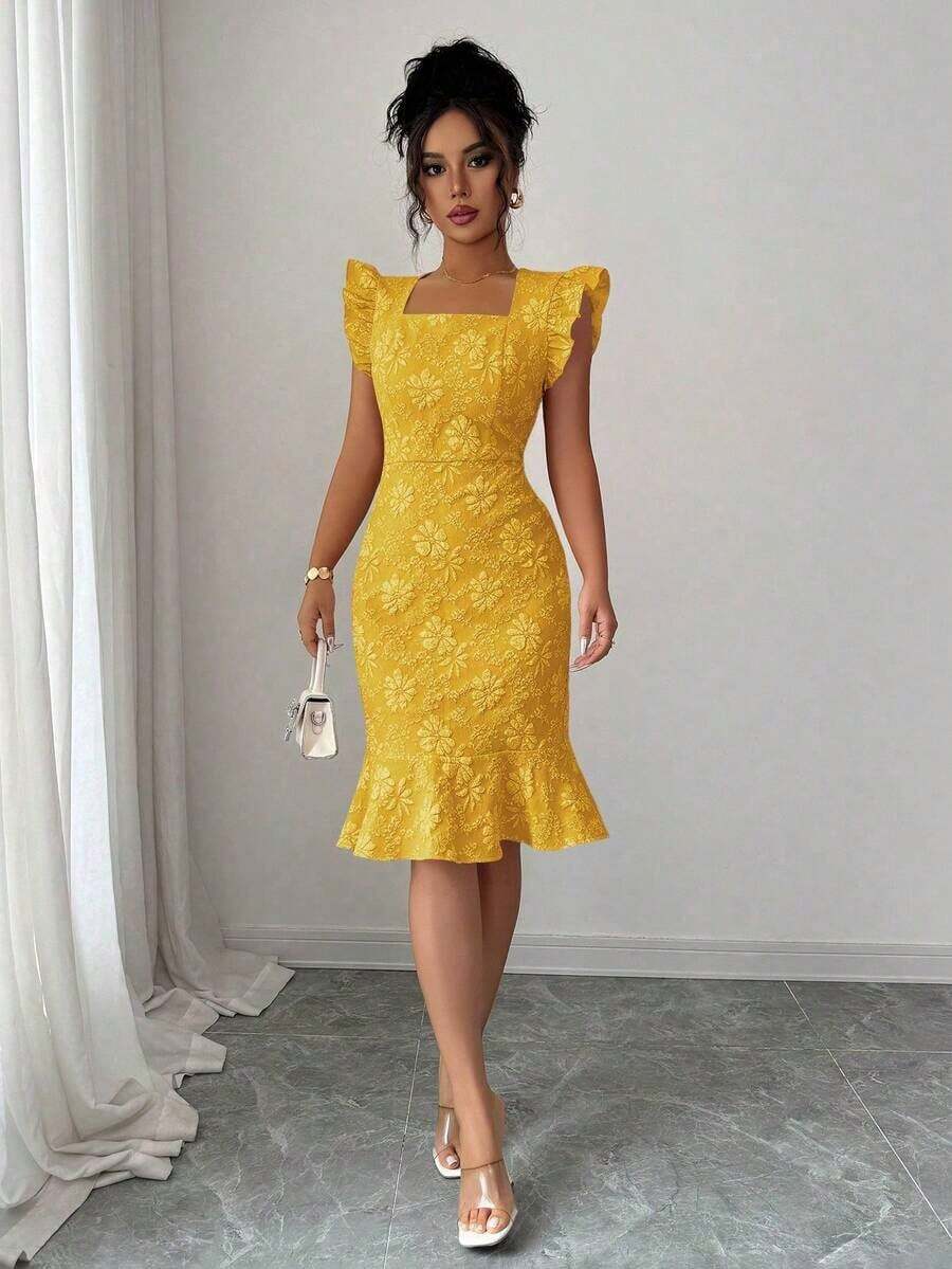 Vestido elegante de jacquard para ir al trabajo, verano - Amarillo - Ver 1