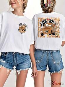 Disney Official Licensed, Disney Cars, Tow Mater, Word Matrix, Double-Sided Print, 100% Cotton, Crew Neck T-Shirt, American Highway Style, Casual Wear, Spring & Summer Top, Disney Merch, Fan Collectible - 白色 - 查看 1