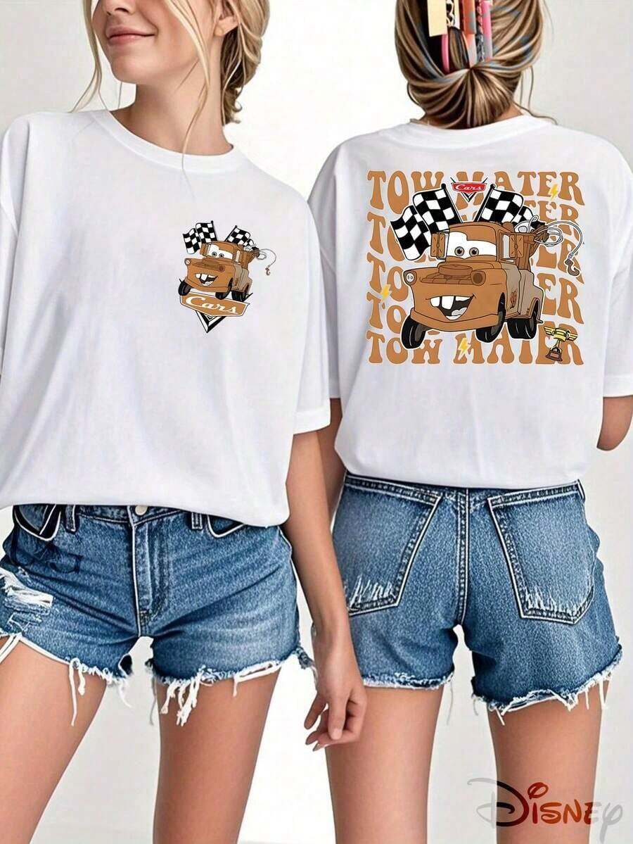 Disney Official Licensed, Disney Cars, Tow Mater, Word Matrix, Double-Sided Print, 100% Cotton, Crew Neck T-Shirt, American Highway Style, Casual Wear, Spring & Summer Top, Disney Merch, Fan Collectible - 白色 - 查看 1