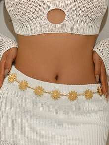 1pc Vintage Personalized Fashion Metal 3D Daisy Flower Patchwork Waist Decoration, Minimalist Versatile Sexy Floral Waist Chain Suitable For Women Daily, Holiday, Party Wear - Gold - View 3