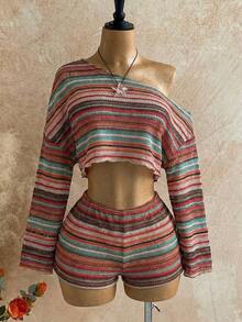 Casual 2-Piece Set Consisting Of A Cropped Top With An Irregular Neckline And Lettuce Hem, And Shorts, In A Solid Color, For Vacation, Spring/Summer - 彩色 - 查看 2