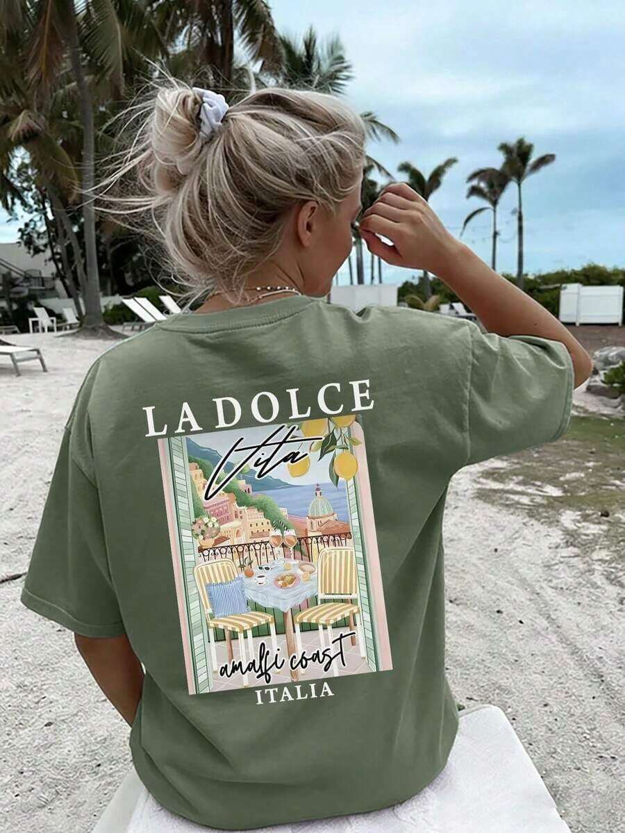 New Women's Summer T-Shirt, Casual, Colorful, With Letter And Oil Painting Print, Round Neck, Short Sleeve, Pink, Versatile And Fashionable, Suitable For Women's Tops, Leisure On Holidays And Spring Break, Black - 草綠色 - 查看 1