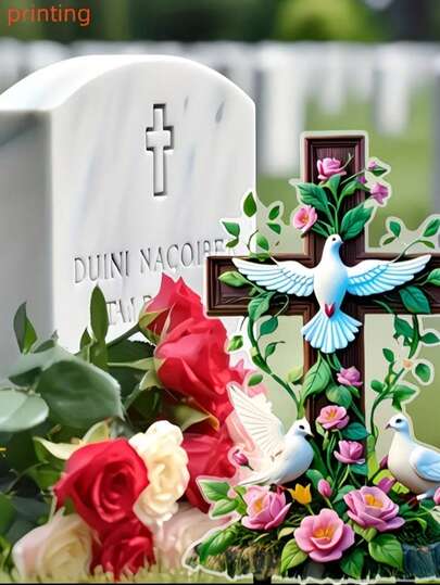 1pc White Dove & Rose Cross Memorial Garden Stake - 2D Acrylic Outdoor Decor, Condolence Gift For Family Or Pets, Peaceful Grave Marker, Vibrant Colors, Realistic Design, Garden Memorial