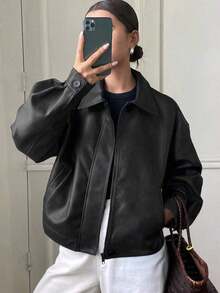 Chaqueta regular de mujer de PU gruesa, suelta y casual, nueva para otoño/invierno - Negro 3 - Ver 3