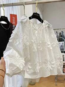 Blusa de manga larga con bordado floral 3D, diseño nuevo de primavera temprana, top casual holgado para mujer en color blanco - Blanco - Ver 1