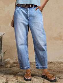 Women's High Waist Pockets Straight Loose Casual Versatile Jeans Spring - Baby Blue - View 2