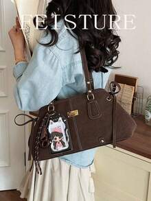 1pc Solid Color PU Fabric Underarm Shoulder Bag, Large Capacity Women's Commuter Bag, With Pendant, Suitable For Girls, Ladies, College Students, Young Professionals, And Office Workers, Great For Work, Business, Commuting, And School - Coffee 5 - View 4