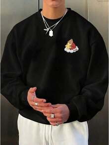 Sudadera con capucha para hombre, cuello redondo, con un pequeño logo estampado en el pecho, diseño creativo, tejido cómodo y suave apto para todas las estaciones, envío local. - Negro - Ver 5