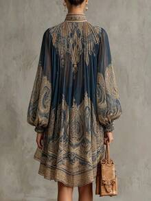 2026 New Arrival Womens Boho Floral Print Chiffon Dress Long Sleeve High Neck Flowy Tunic With Cape Scarf Vacation Resort Outfit - 藏青色 - 查看 3