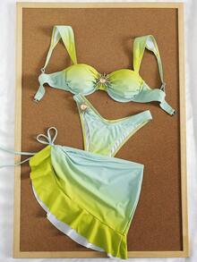 Conjunto de traje de baño tipo tankini de 3 piezas de unicolor, diseño de tirantes anchos con aros para un soporte cómodo, estilo de playa de moda, perfecto para fiestas de playa y piscina en verano Blanco - Vegetación degradada - Ver 3