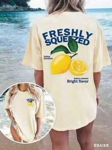 Estilo Y2K, estilo de moda, lo más nuevo de 2026, estilo lindo, estilo casual, blusas para mujer>ropa. FRESHLY SQUEEZED Camiseta Casual de Manga Corta con Cuello Redondo y Estampado Gráfico de Ambiente Vacacional con Limones, Talla Grande, Unisex, 180g (S-XXXL) - Albaricoque - Ver 5