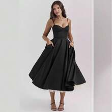 Vestido midi de satén con escote de corazón, vestido de graduación con tirantes finos y vuelo con bolsillos para bodas y eventos formales - Negro - Ver 2