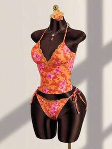 Conjunto de bikini de dos piezas con estampado floral tropical, parte superior tipo bandeau con tirantes atados y detalles de encaje para mujer, ideal para vacaciones de verano y playa - Multicolor - Ver 4