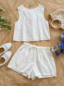 Top sin espalda con textura y lazo, holgado y casual para vacaciones, shorts casuales con elástico en la cintura y bolsillos, para playa y mar - Blanco - Ver 6