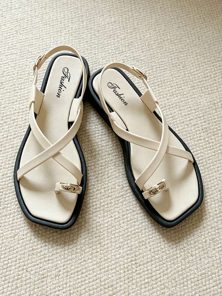 Sandal nữ mùa hè, sandal nữ thanh lịch, sandal bệt, sandal quai xỏ ngón, sandal khóa cài điều chỉnh, sandal mùa hè [nhỏ hơn 3 size] sandal trắng, sandal nữ, giày mùa hè nữ, sandal bệt nữ, sandal nữ thoải mái, sandal đi biển nữ - Màu be - Xem 1