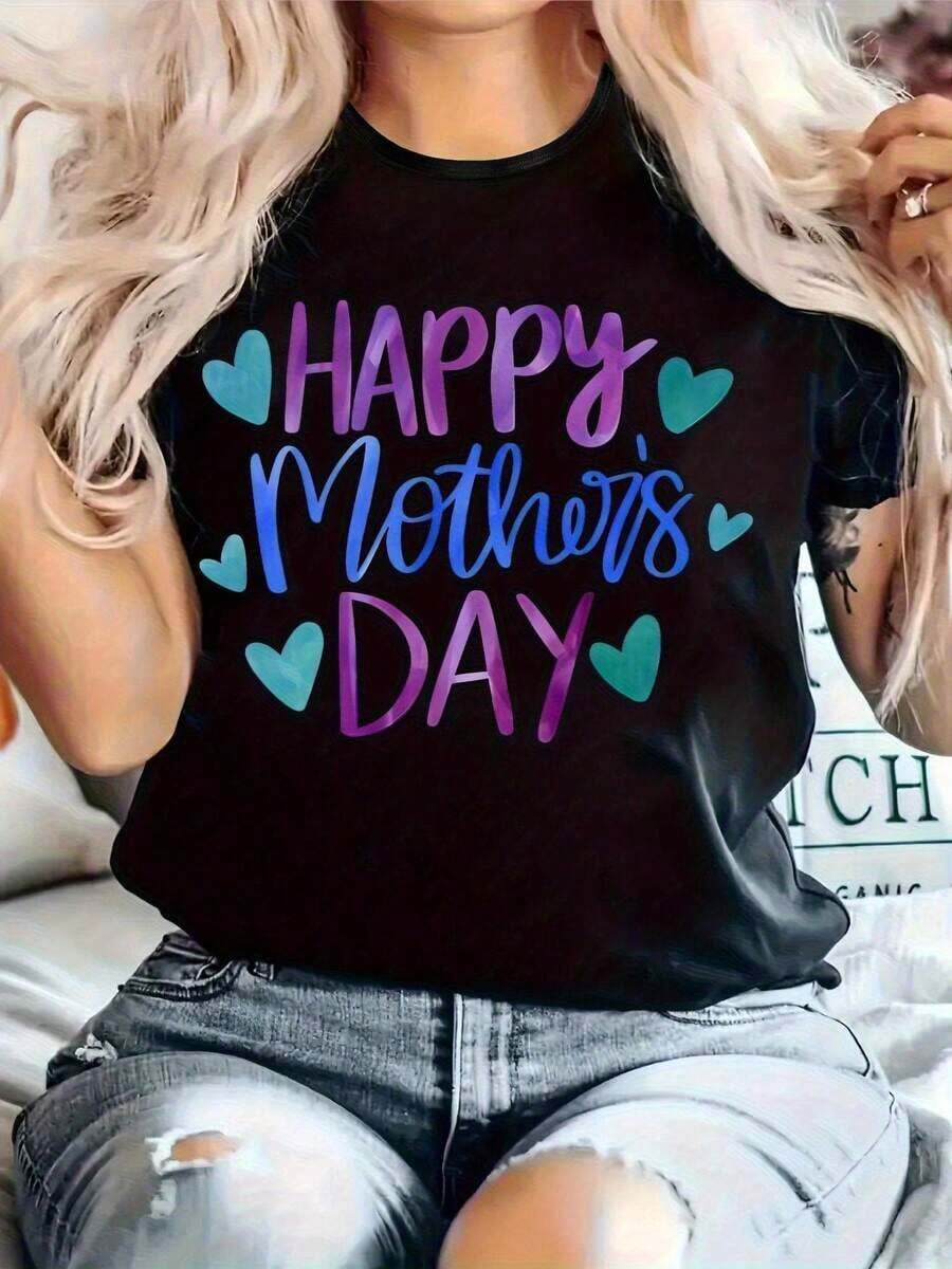 Camiseta de Mujer para el Día de la Madre - Suave, elástica, de cuello redondo, manga corta, con estampados de corazones y letras, lavable a máquina, adecuada para primavera y verano, un regalo para mamá, ropa casual, atuendo informal.