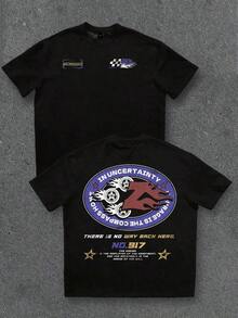 Camiseta de manga corta con hombros caídos, estampado gráfico de carreras desgastado y sobredimensionado en color negro - Negro - Ver 4