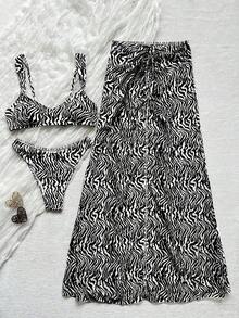 Conjunto de 2 piezas de top de tirantes con lunares y falda con cordón.El top de escote cuadrado resalta las líneas del cuello y los hombros. - Negro - Ver 3