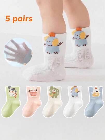 5 Pairs 0-6 Years Old Baby Mesh Socks, Cute Cartoon Animal Breathable Infant Socks For Boys And Girls, Spring/Summer