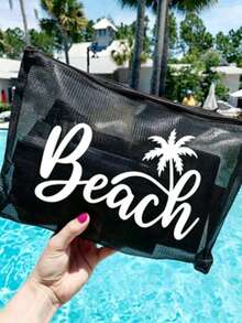 1個時尚網格防水海灘包，印有「Beach」椰子樹圖案化妝包，海灘主題，大容量透明化妝包，尼龍拉鍊盥洗包，輕巧，可存放防曬霜、零食、比基尼和海灘用品，春/夏收納，耐用，適合游泳、海灘、潛水和夏季度假，學生開學，輕巧防曬收納包 - 多色 - 查看 5