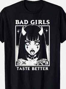 Bad Taste Better Gothic Demon Anime Graphic T-Shirt - Unisex Soft Cotton Oversized T-Shirt With Japanese Manga Lettering And Tattoo Art Design, Black And White Gothic Print, Relaxed Fit Casual Tee For Men And Women, Cool Aesthetic Gift For Anime Fans, Crew Neck, Short Sleeve, Machine Washable, Perfect For All Seasons, Bold Piece With Gothic Demon Character Art. KTUI - 黑色 - 查看 1