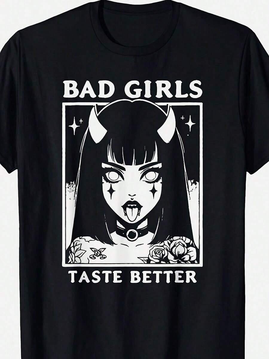 Bad Taste Better Gothic Demon Anime Graphic T-Shirt - Unisex Soft Cotton Oversized T-Shirt With Japanese Manga Lettering And Tattoo Art Design, Black And White Gothic Print, Relaxed Fit Casual Tee For Men And Women, Cool Aesthetic Gift For Anime Fans, Crew Neck, Short Sleeve, Machine Washable, Perfect For All Seasons, Bold Piece With Gothic Demon Character Art. KTUI - 黑色 - 查看 1