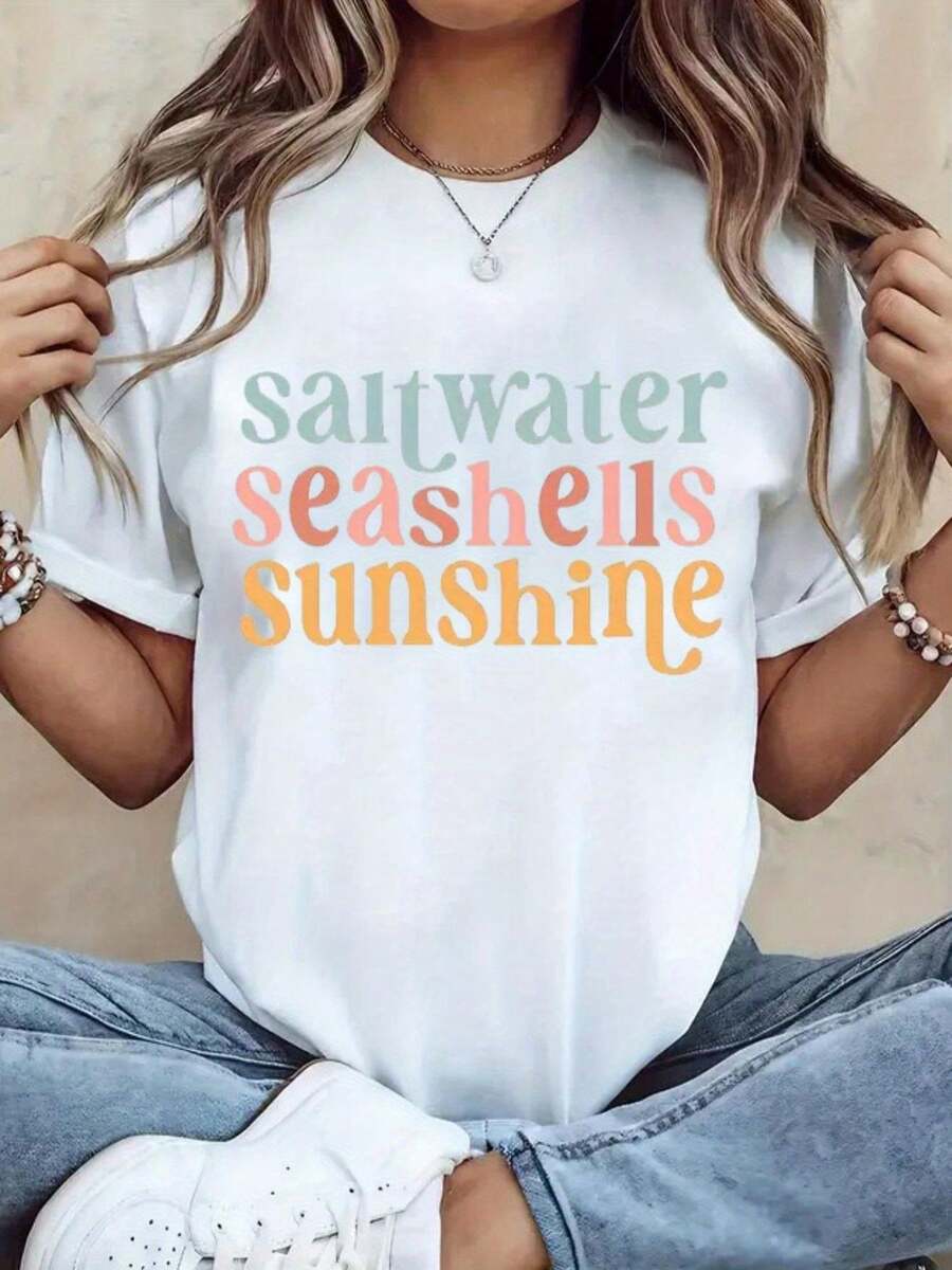 Camiseta de mujer estilo costero en rosa claro y naranja - 100% casual, de cuello redondo y manga corta, decorada con estampados de conchas y letras de playa, ropa de playa de verano transpirable, adecuada para uso diario, camiseta con estampado costero lavable a máquina (tallas S-3XL), 100% algodón. - Blanco - Ver 1