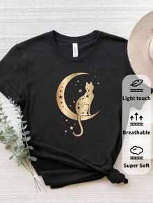 Camiseta de manga corta para mujer, cuello redondo, holgada, casual y versátil, nuevo estampado de chica anime, ideal como capa base, tejido suave con buena caídaPure-Cotton - Negro - Ver 3