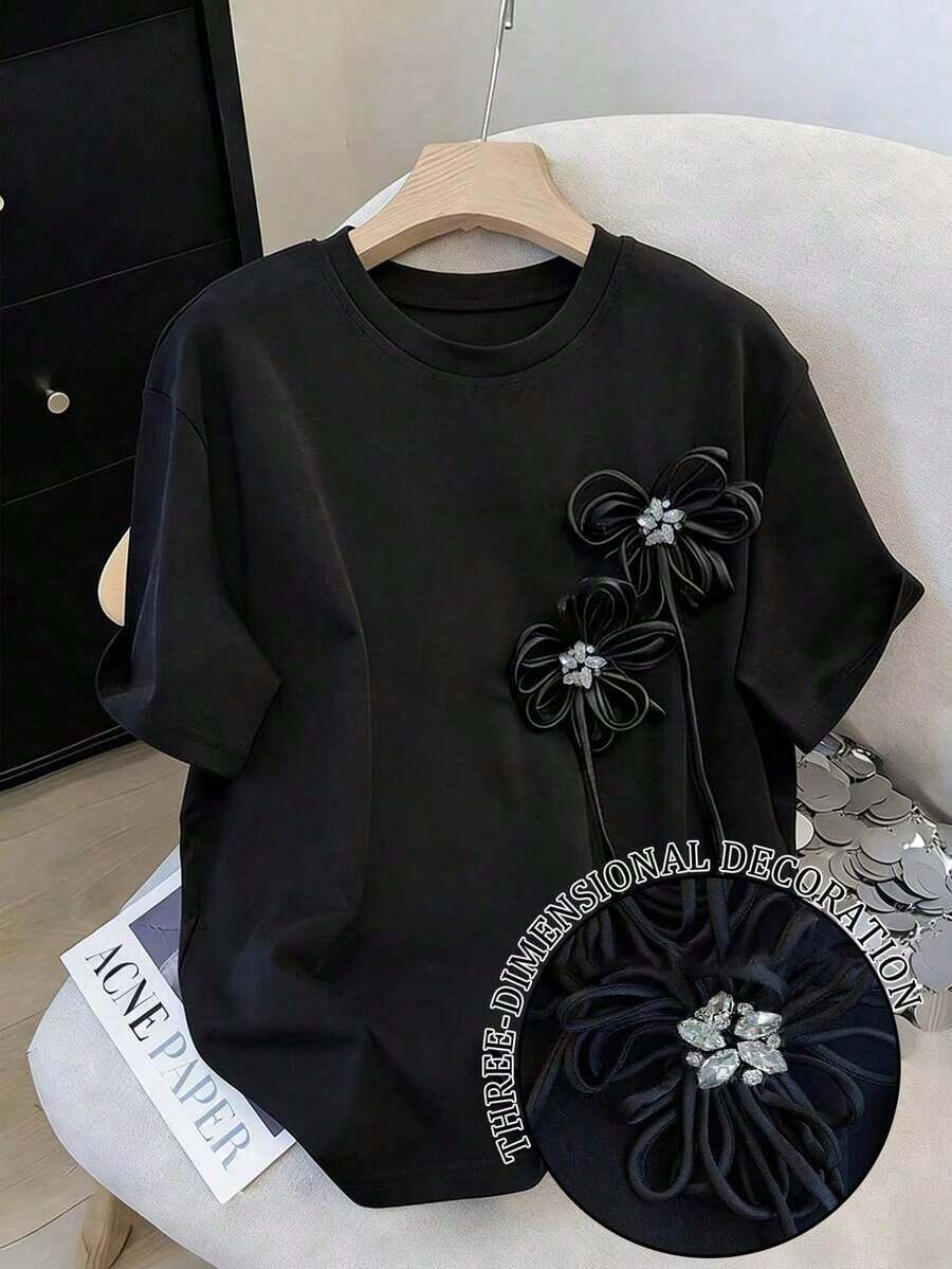 Women's Casual Black Loose Fit T-Shirt With Slogan By Chaos Coordinator - 黑色 2 - 查看 1