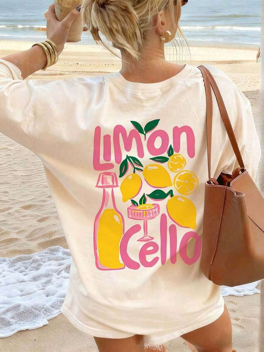 Camiseta de mujer de manga corta, cuello redondo, estampado gráfico de limón soda, suelta y versátil, ideal para uso casual y vacaciones - Albaricoque 2 - Ver 1