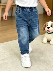 Young Boy Solid Color Elastic Casual Denim Jeans Pants, Spring - Blue - View 6