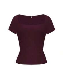 Blusa ajustada y sexy de punto para mujer , camiseta casual de cuello cuadrado de unicolor, primavera/verano - Morado - Ver 3