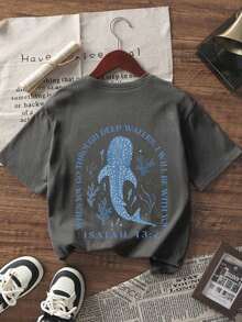 1 pieza de camiseta de manga corta para niñas, con estampado de delfines y motivos tropicales, color gris oscuro, estilo casual, cómoda y a la moda para estudiantes jóvenes, ligera para el verano. - Gris Oscuro - Ver 3