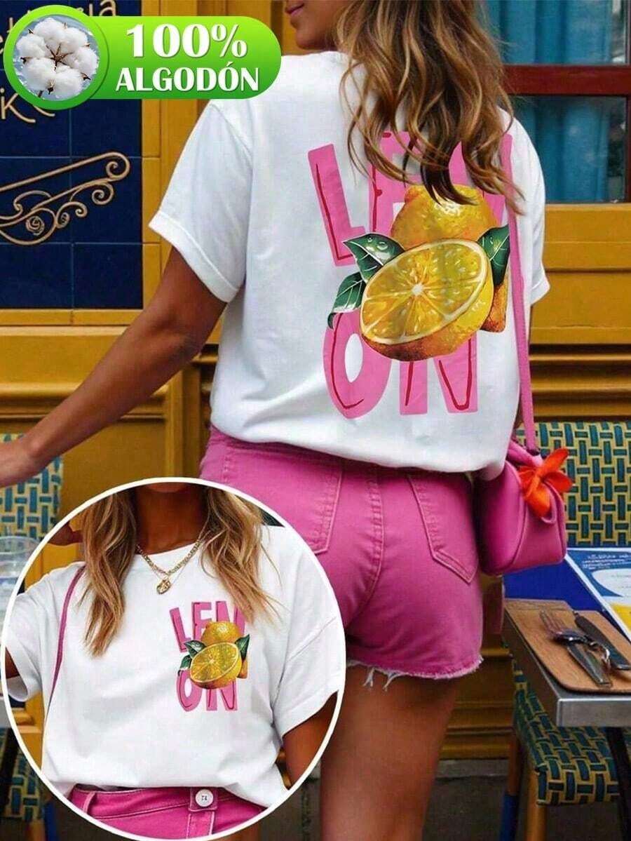 Camiseta de manga corta con cuello redondo para mujer, con estampado de limón, estilo casual, ideal para el verano y la playa.-Vintage Street Style Unisex Loose Cotton Short Sleeve Crew Neck T-Shirt - Blanco 1 - Ver 1