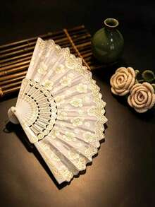 Elegant White Lace Floral Embroidered Gold Hand Fan - Vintage Spanish Style Folding Fan Suitable For Weddings, Parties And Summer Events,Camping,Travel Essential - White - View 6