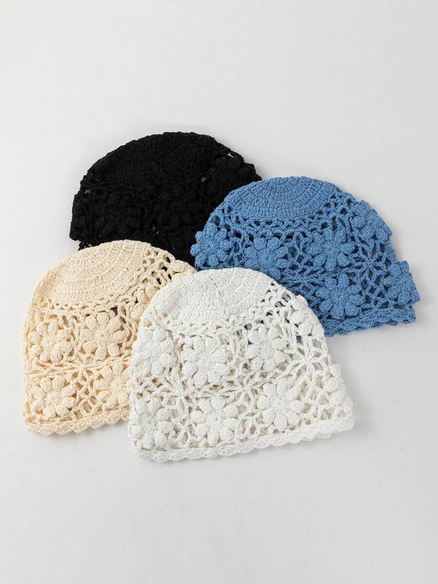 1pc Women's Fashionable Spring/Autumn Hollow Lightweight 3D Floral Handmade Crochet Beanie Hat, Suitable For Boho Style Daily Wear,Beach,Travel - A - View 1