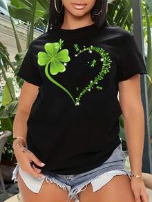 Plus Size T-Shirt With Clover And Heart Print, Fitted Cut And Round Neck - Spring-Summer Top For Women Available In Plus Sizes. - Black - View 5